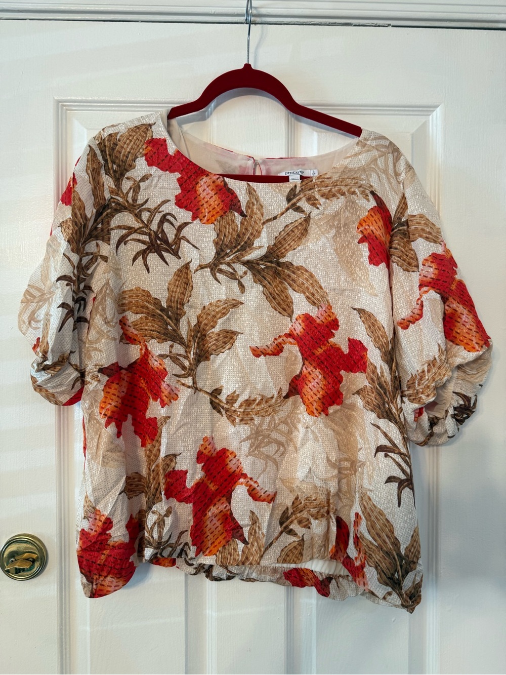 Chico's Red & Tan Floral Puff-Sleeve Blouse